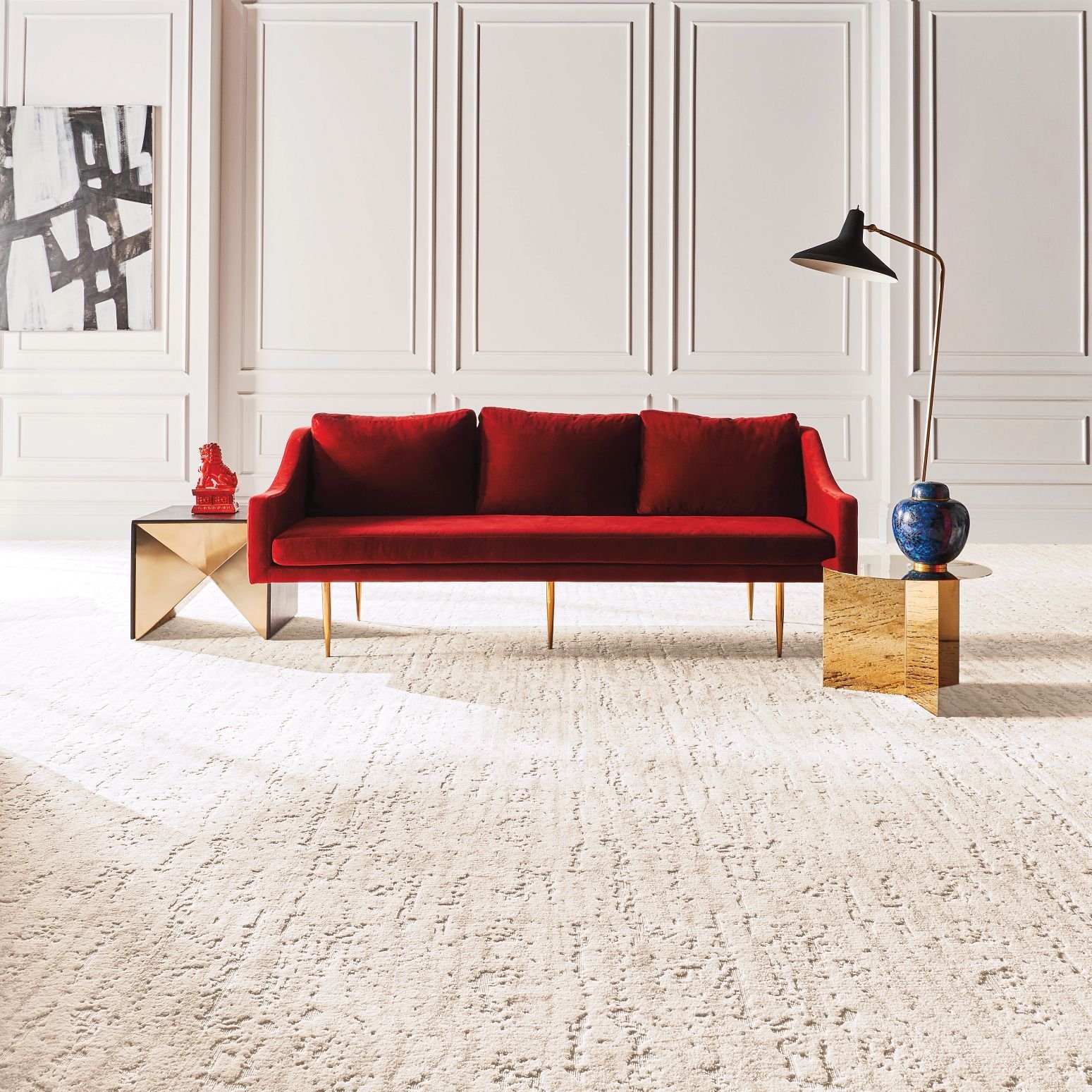 Red Couch on Nylon Carpet from Gerami's Floors in Lafayette